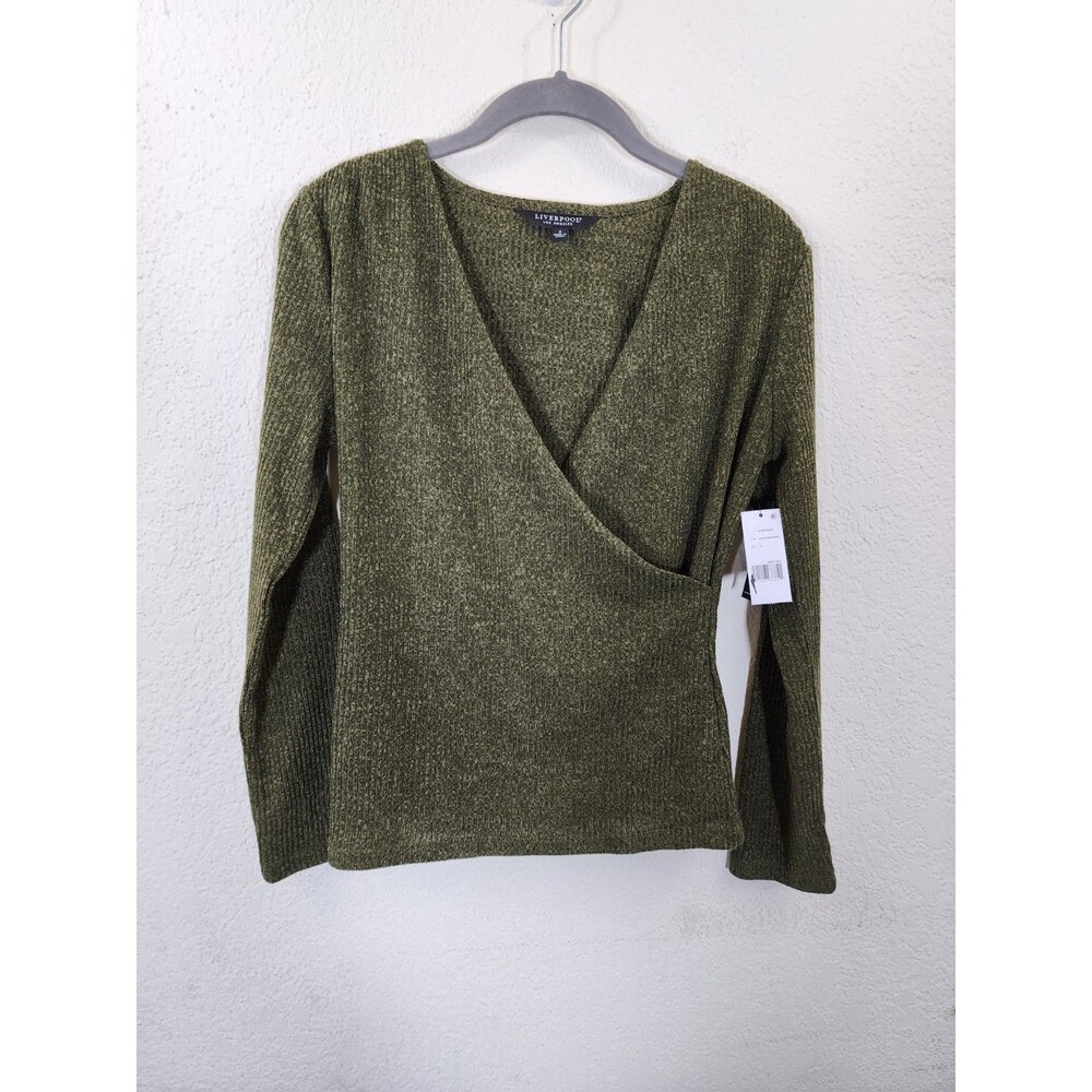 Liverpool Los Angeles Womens S Olive Melange Wrap Top Ribbed Knit Long Sleeve